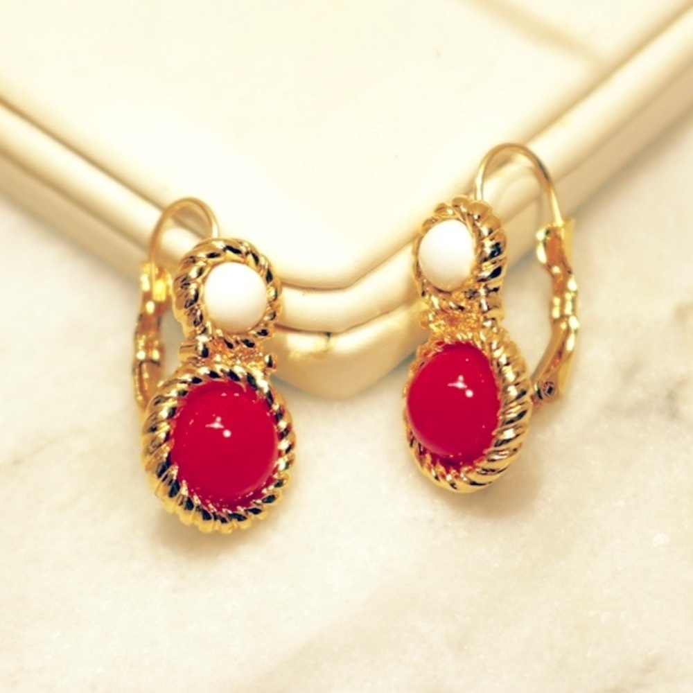 Monet Gold with Red and White Cabochon Pierced Style Earrings NWOT